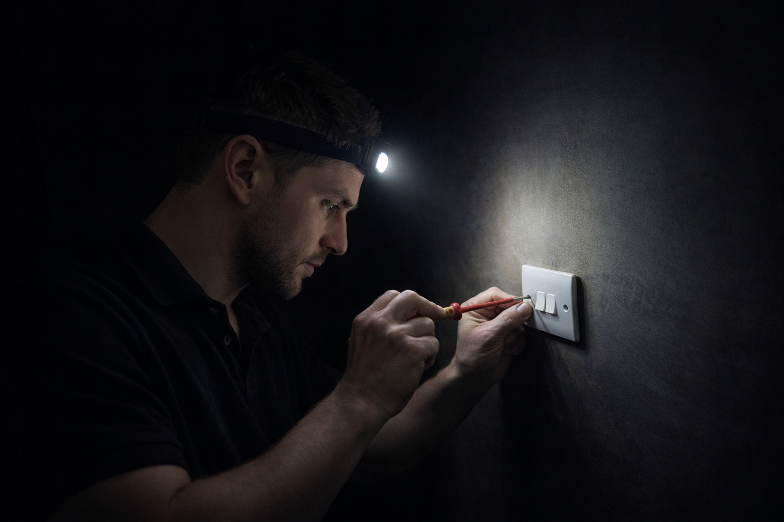 Torchlight on a domestic consumer unit during a power cut