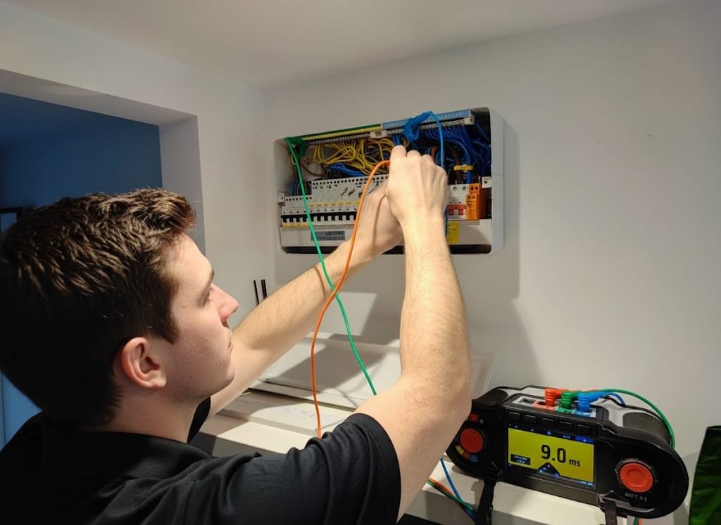 Electrician working by torchlight on a consumer unit