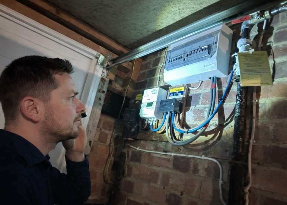 Consumer unit with circuit labelling being inspected