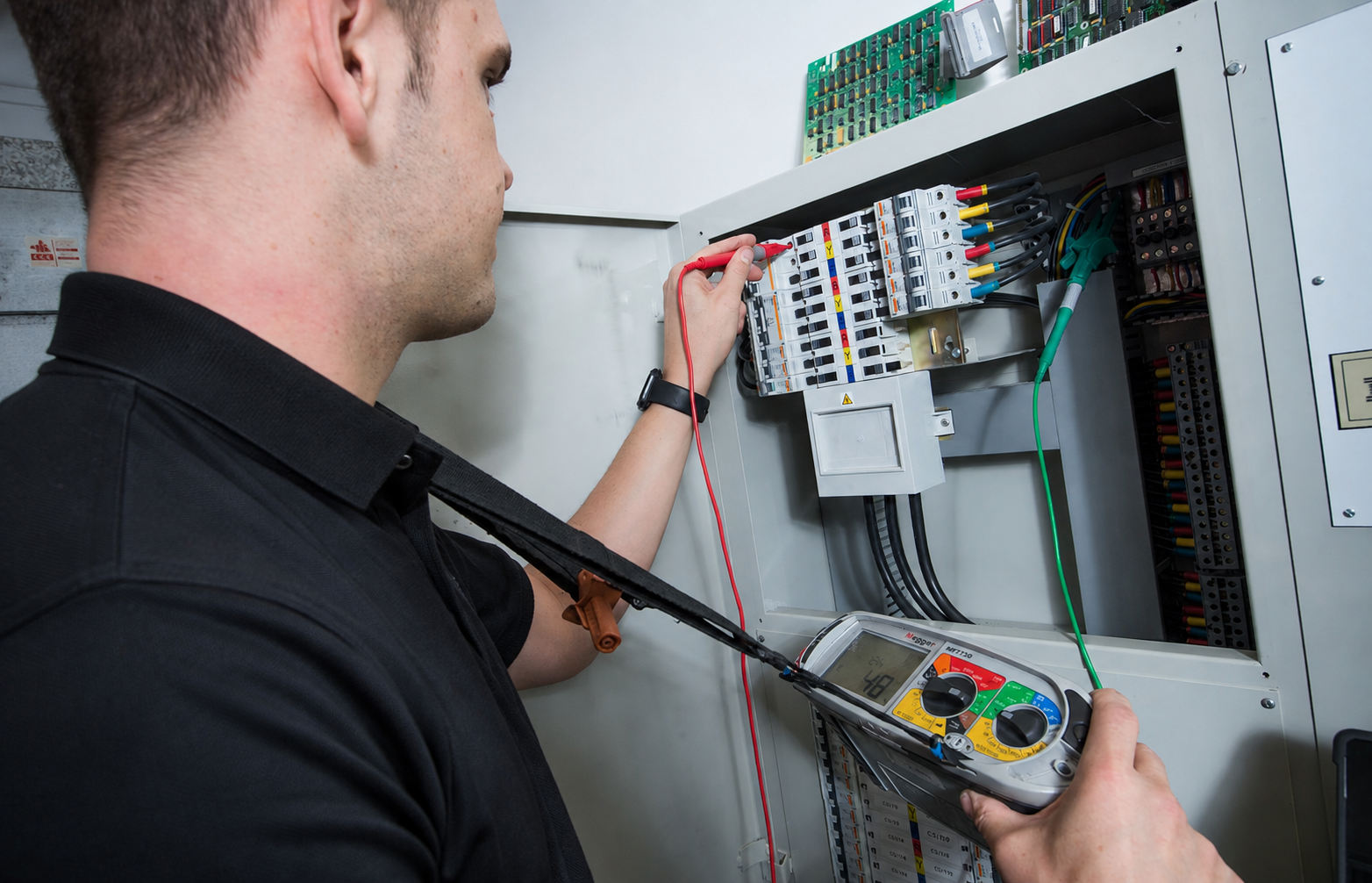 Electrician checking a socket outlet with a tester
